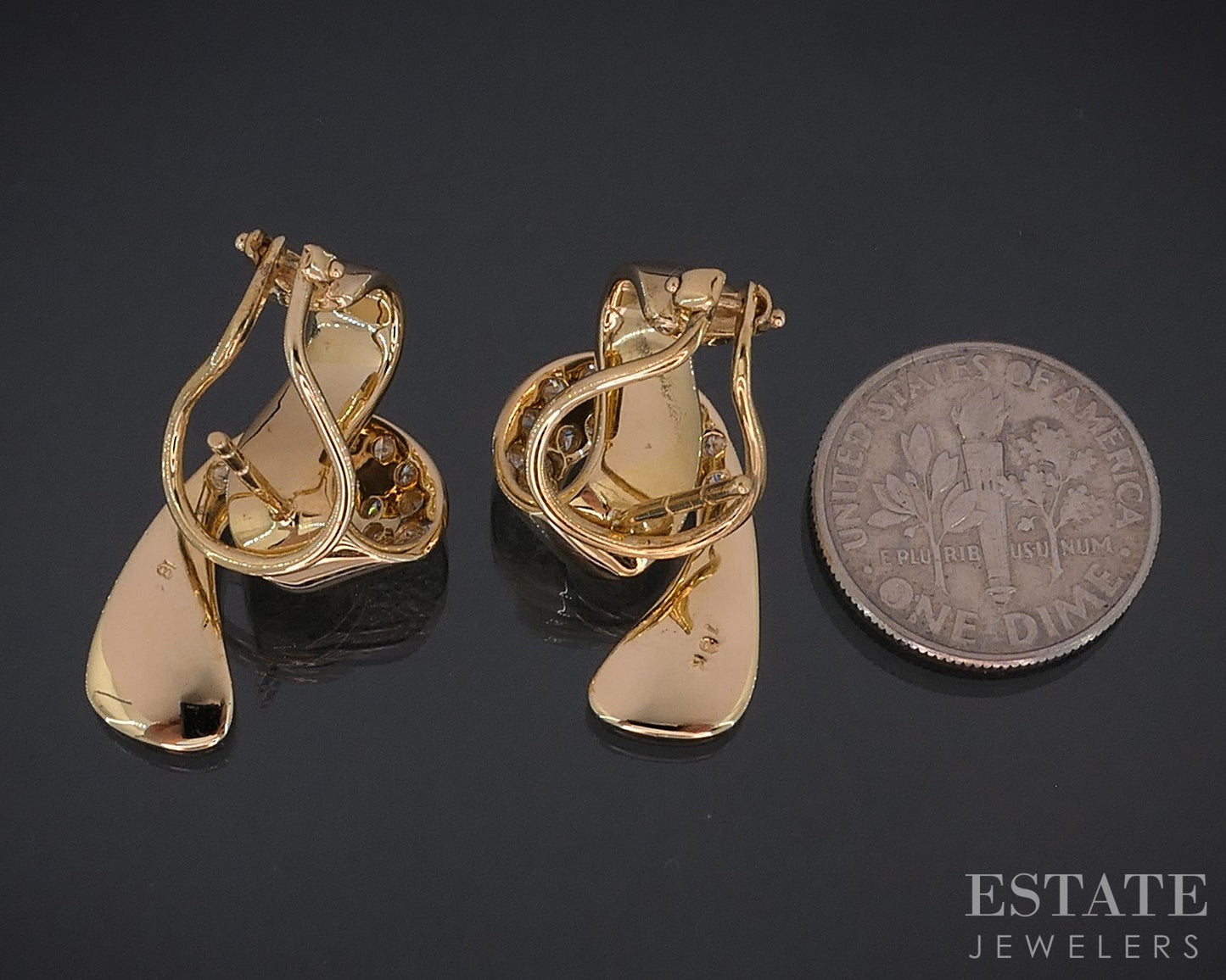 18k Yellow Gold Natural .75ctw Diamond Omega Back Ribbon Earrings 10.9g i18555