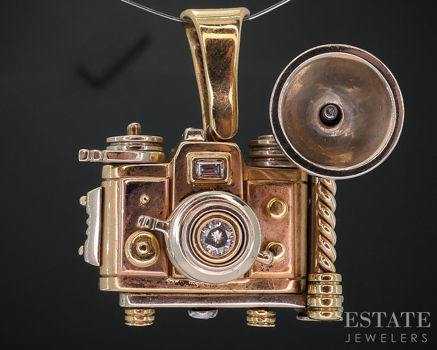 18k Tri Color Gold Dimensional Camera Movable Charm Pendant 24.9g i18542