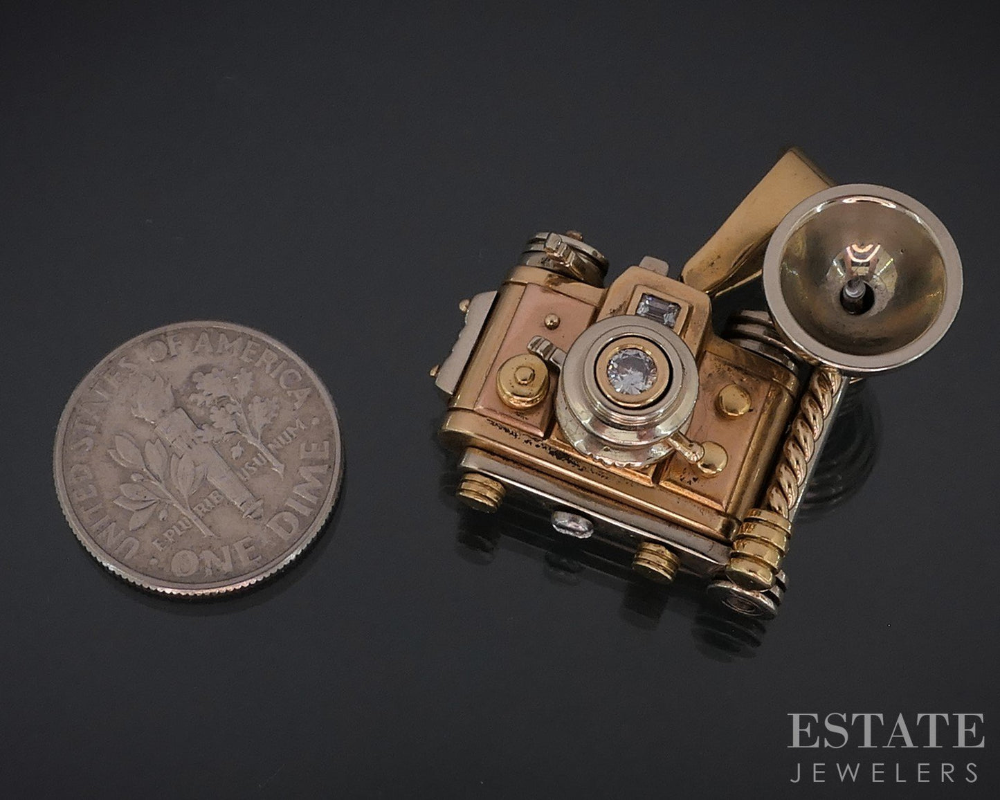 18k Tri Color Gold Dimensional Camera Movable Charm Pendant 24.9g i18542