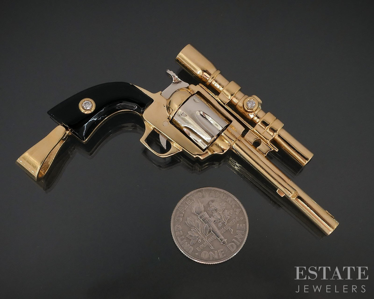 18k Two Tone Gold Dimensional Revolver Pistol Movable Charm Pendant 43.6g i18540