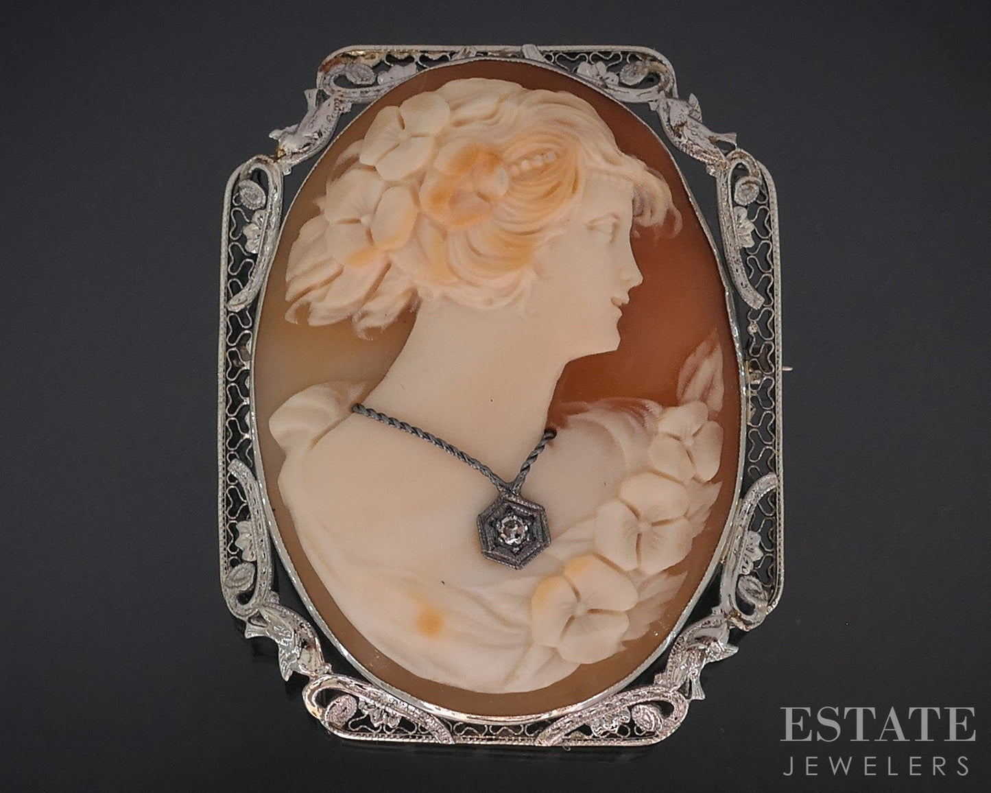 Antique 14k White Gold Filigree Diamond Cameo Pin Pendant 12.7g i18546