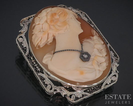 Antique 14k White Gold Filigree Diamond Cameo Pin Pendant 12.7g i18546