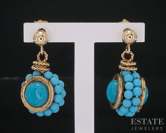 Vintage 14k Yellow Gold Beaded Turquoise Dangle Earrings i18554