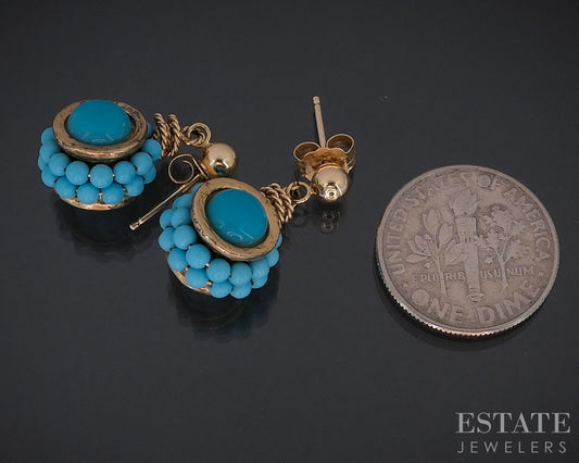 Vintage 14k Yellow Gold Beaded Turquoise Dangle Earrings i18554