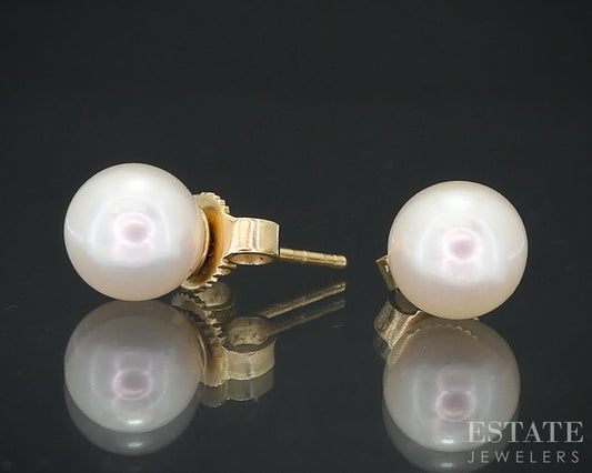 14k Yellow Gold 6.5mm Cultured Pearl Mikimoto Blue Lagoon Stud Earrings i18547