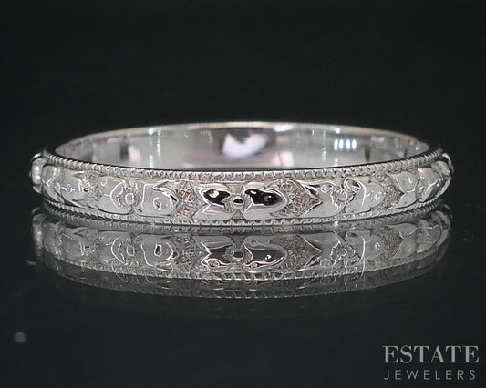 Antique 18k White Gold 2.2mm Engraved Floral Ladies Wedding Band 1.7g i18548