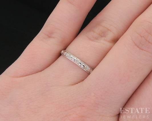 Antique 18k White Gold 2.2mm Engraved Floral Ladies Wedding Band 1.7g i18548