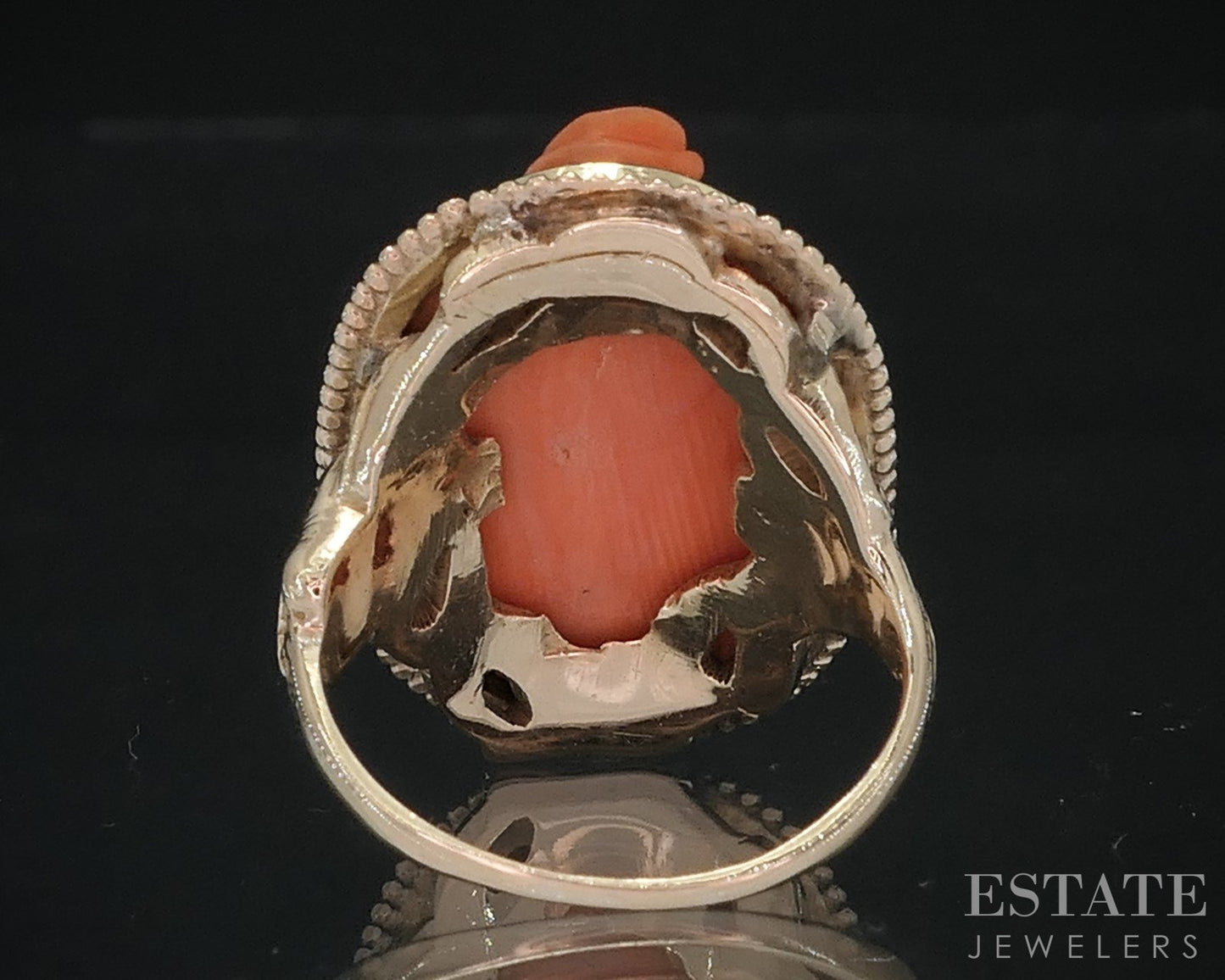 Antique 10k Yellow Gold Natural Coral Cameo Ladies Ring 6.8g i18550