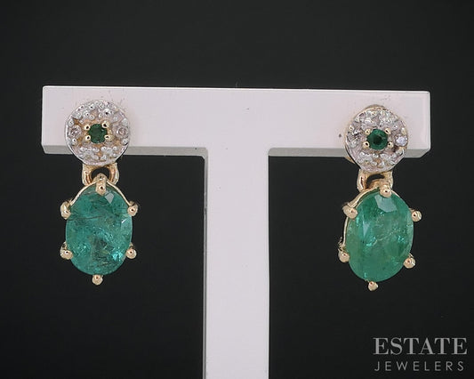 10k Yellow Gold Natural Emerald & Diamond Dangle Ladies Earrings 2.2g i18539