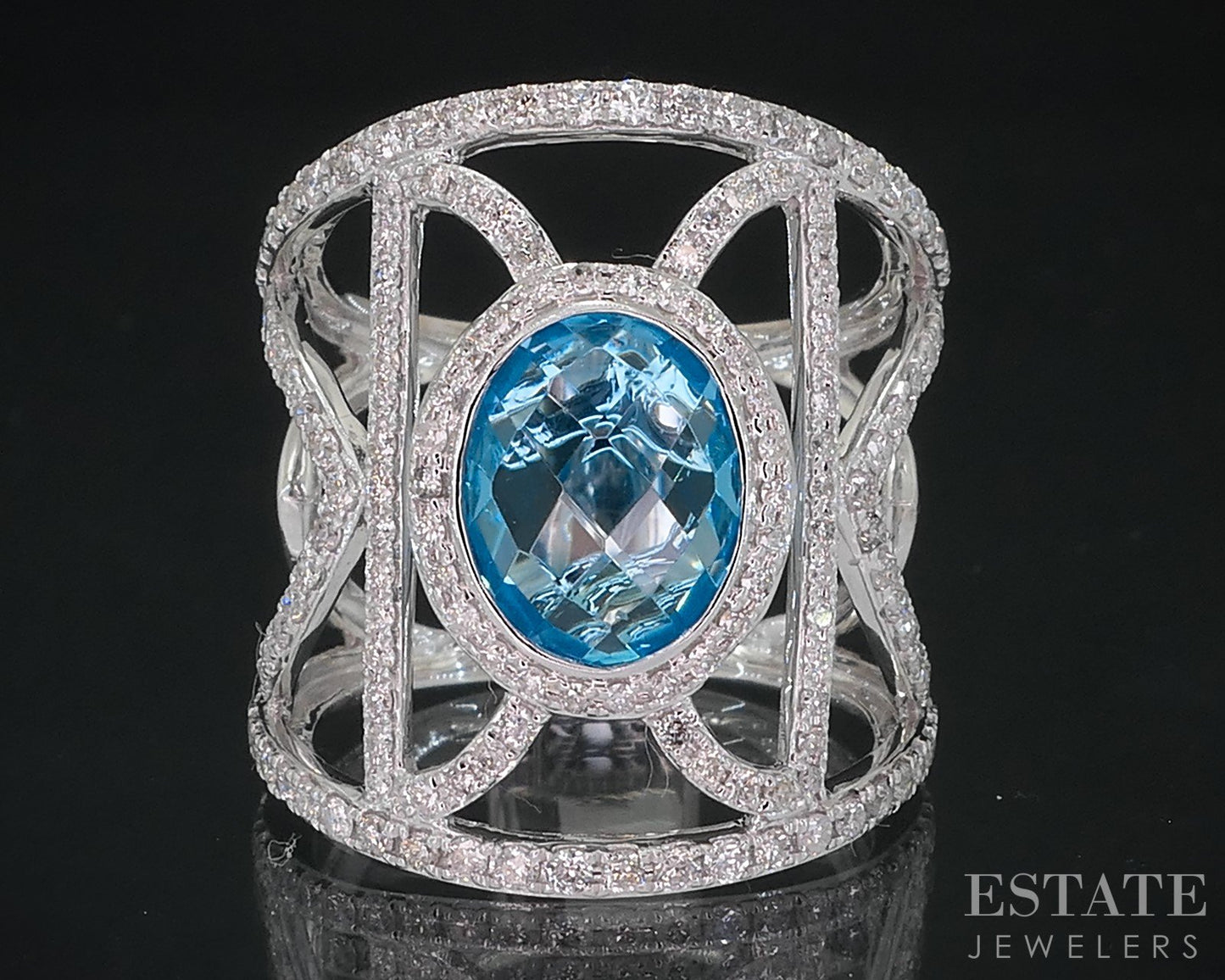 14k White Gold EFFY Oval Natural Blue Topaz & Diamond Ladies Ring 9.1g i18541