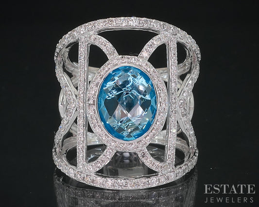 14k White Gold EFFY Oval Natural Blue Topaz & Diamond Ladies Ring 9.1g i18541