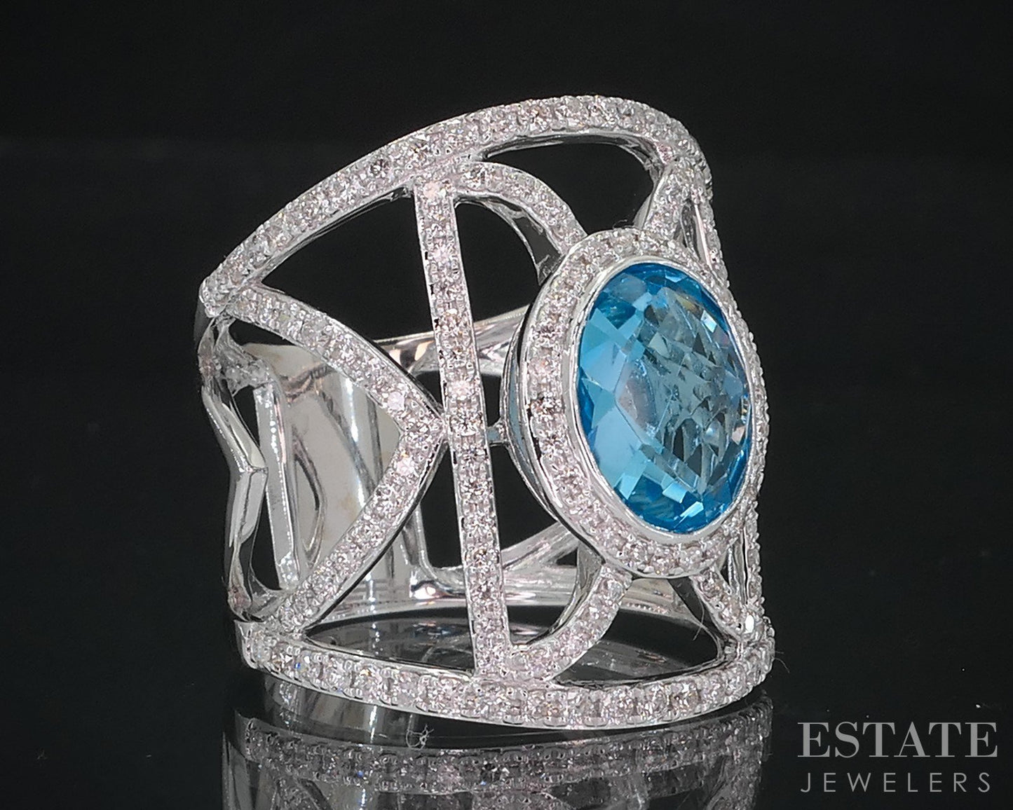 14k White Gold EFFY Oval Natural Blue Topaz & Diamond Ladies Ring 9.1g i18541