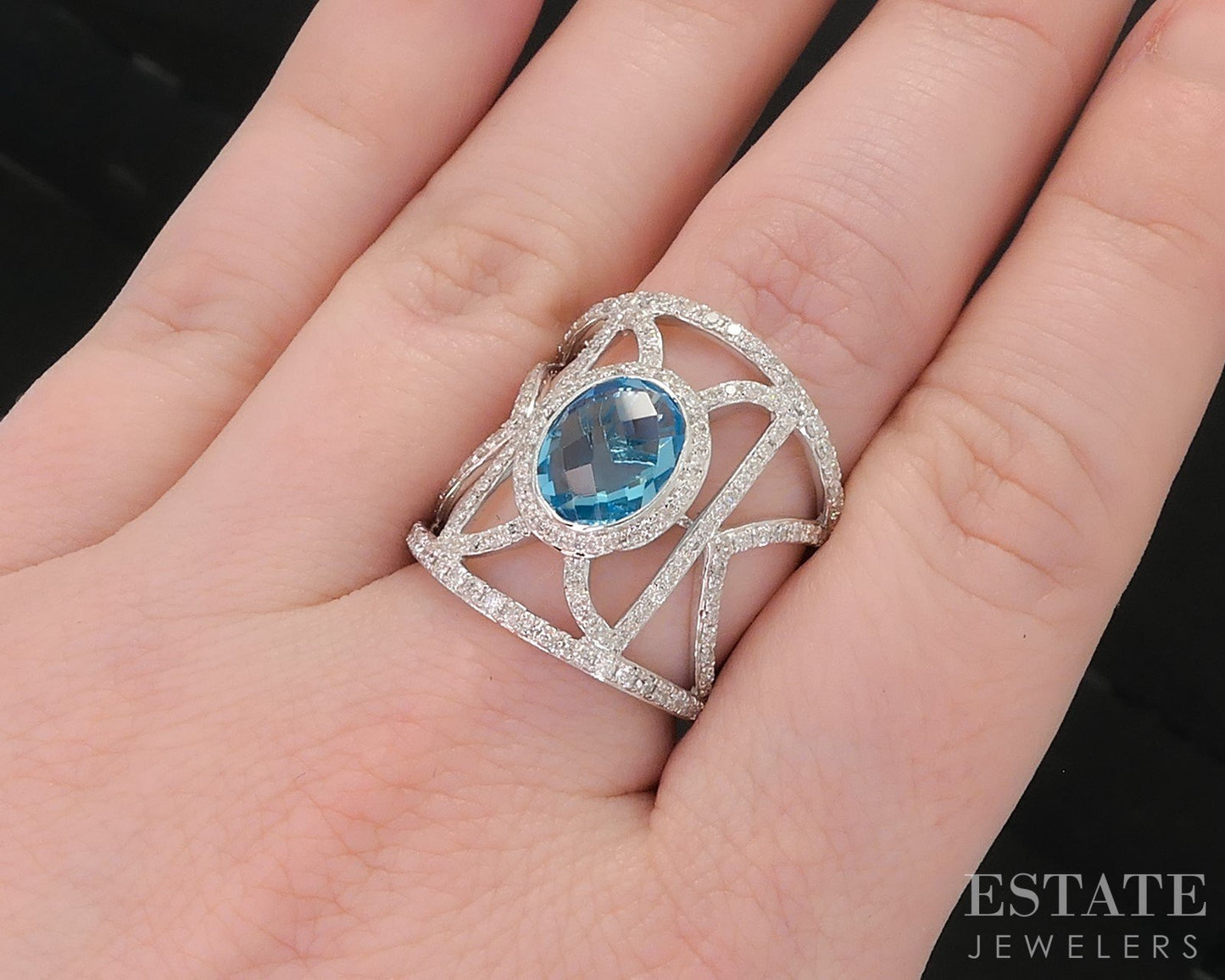 14k White Gold EFFY Oval Natural Blue Topaz & Diamond Ladies Ring 9.1g i18541