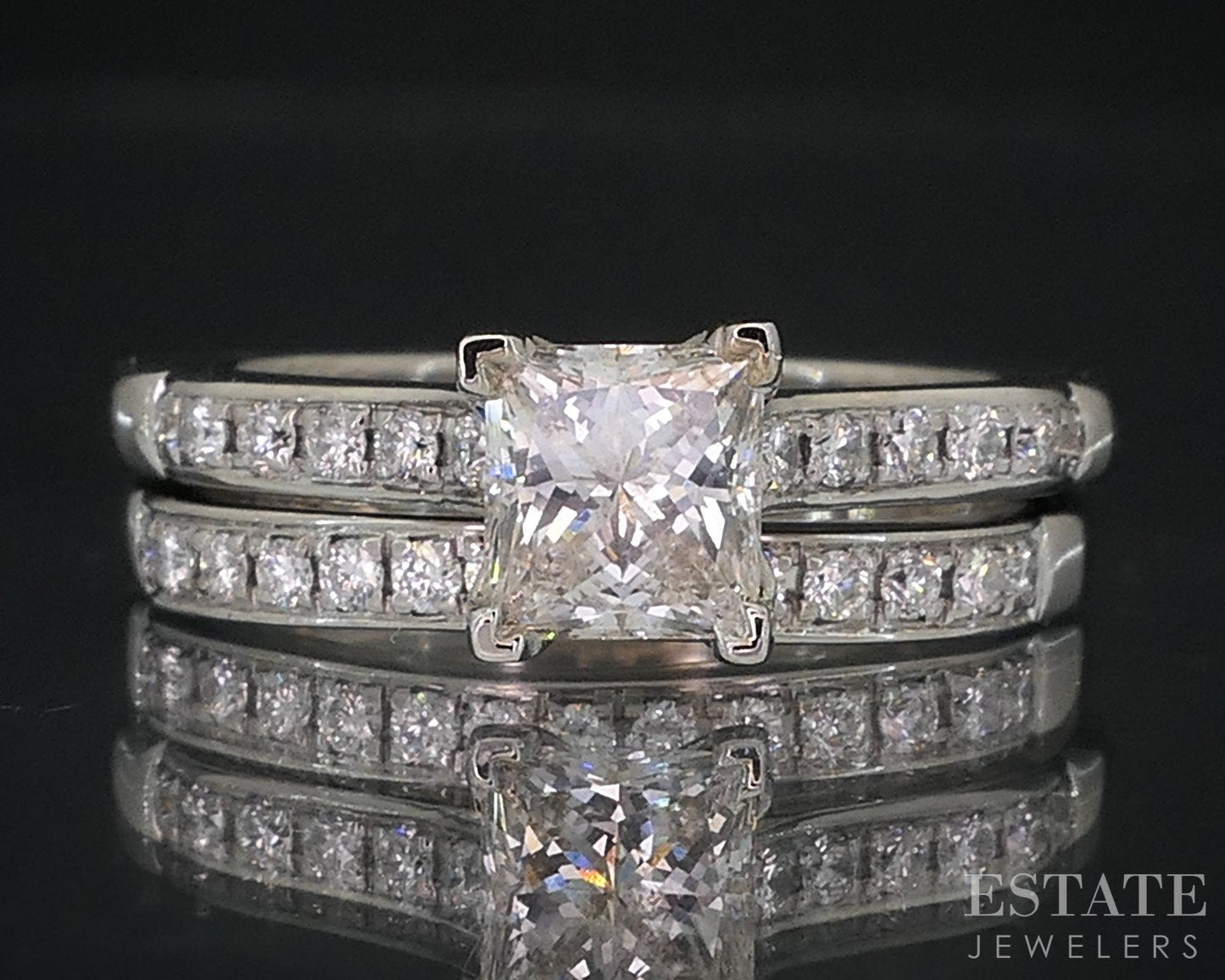 18k White Gold Princess Natural 1.21ctw Diamond Ladies Wedding Set 7.2g i18574