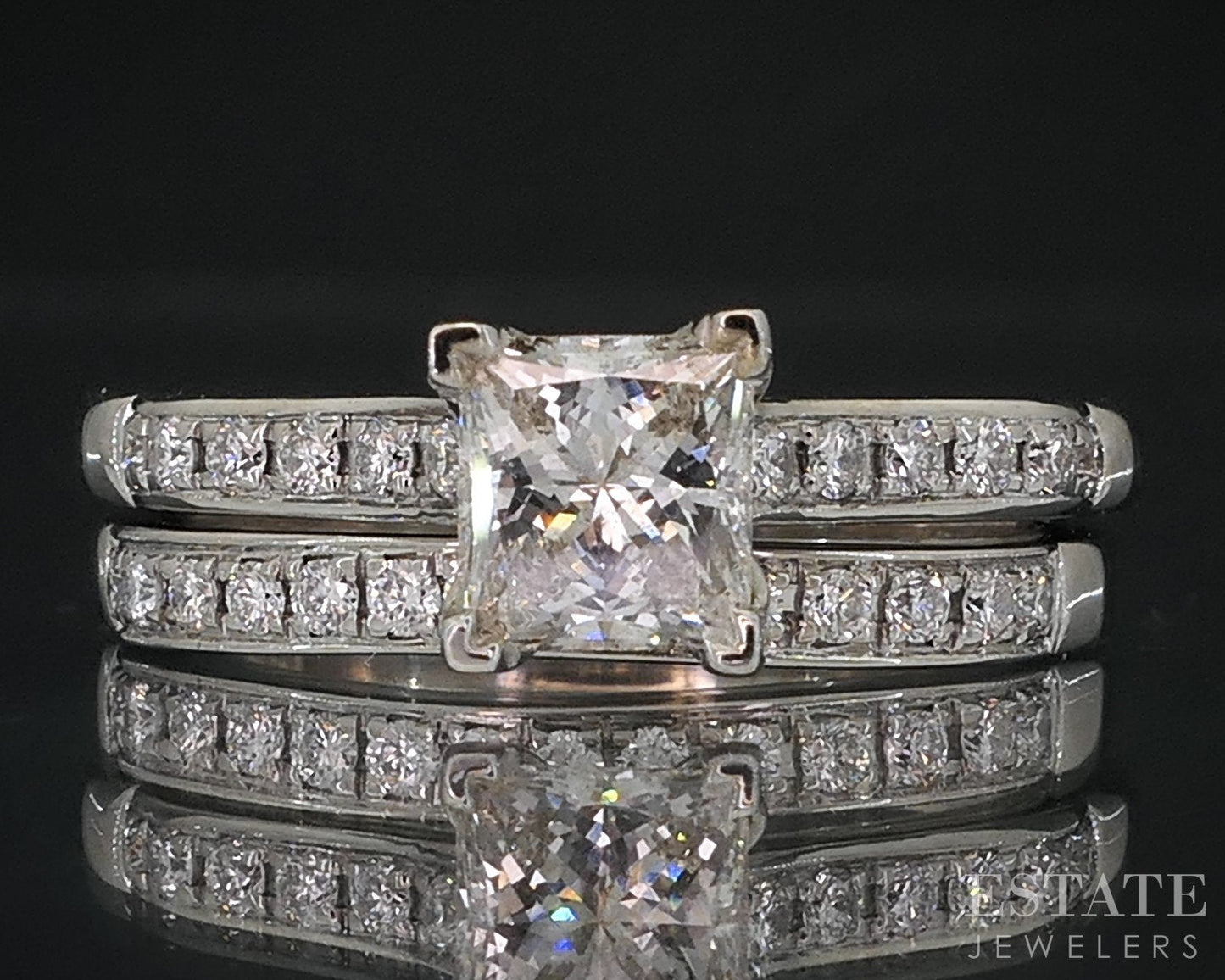 18k White Gold Princess Natural 1.21ctw Diamond Ladies Wedding Set 7.2g i18574