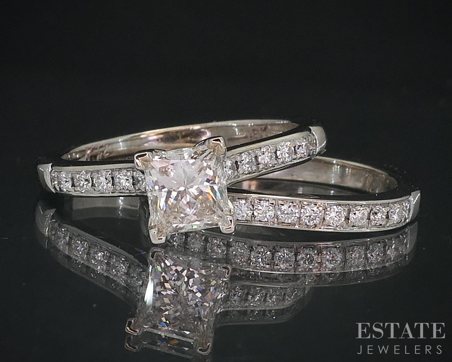 18k White Gold Princess Natural 1.21ctw Diamond Ladies Wedding Set 7.2g i18574