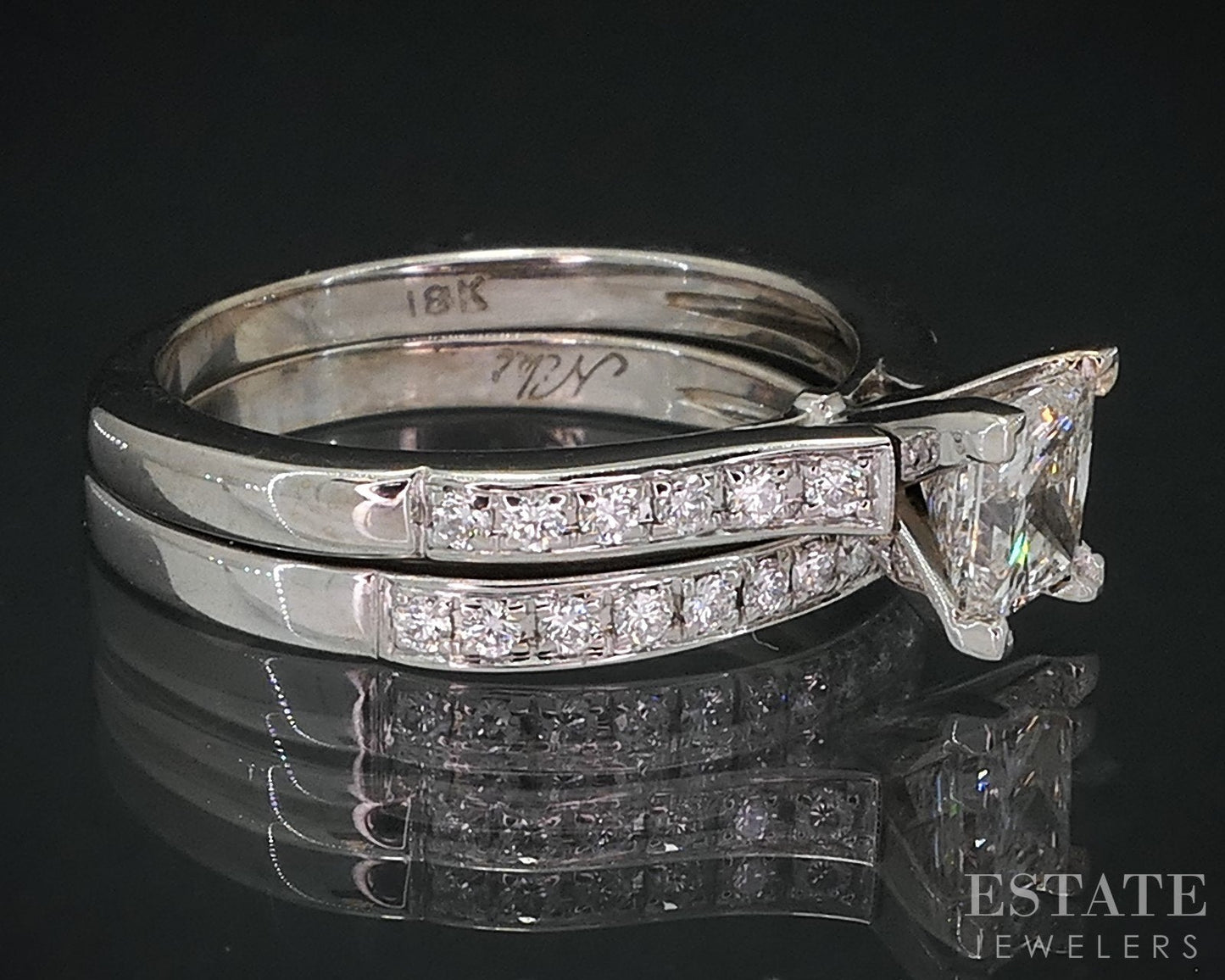 18k White Gold Princess Natural 1.21ctw Diamond Ladies Wedding Set 7.2g i18574