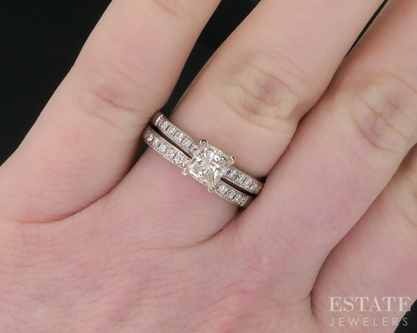 18k White Gold Princess Natural 1.21ctw Diamond Ladies Wedding Set 7.2g i18574