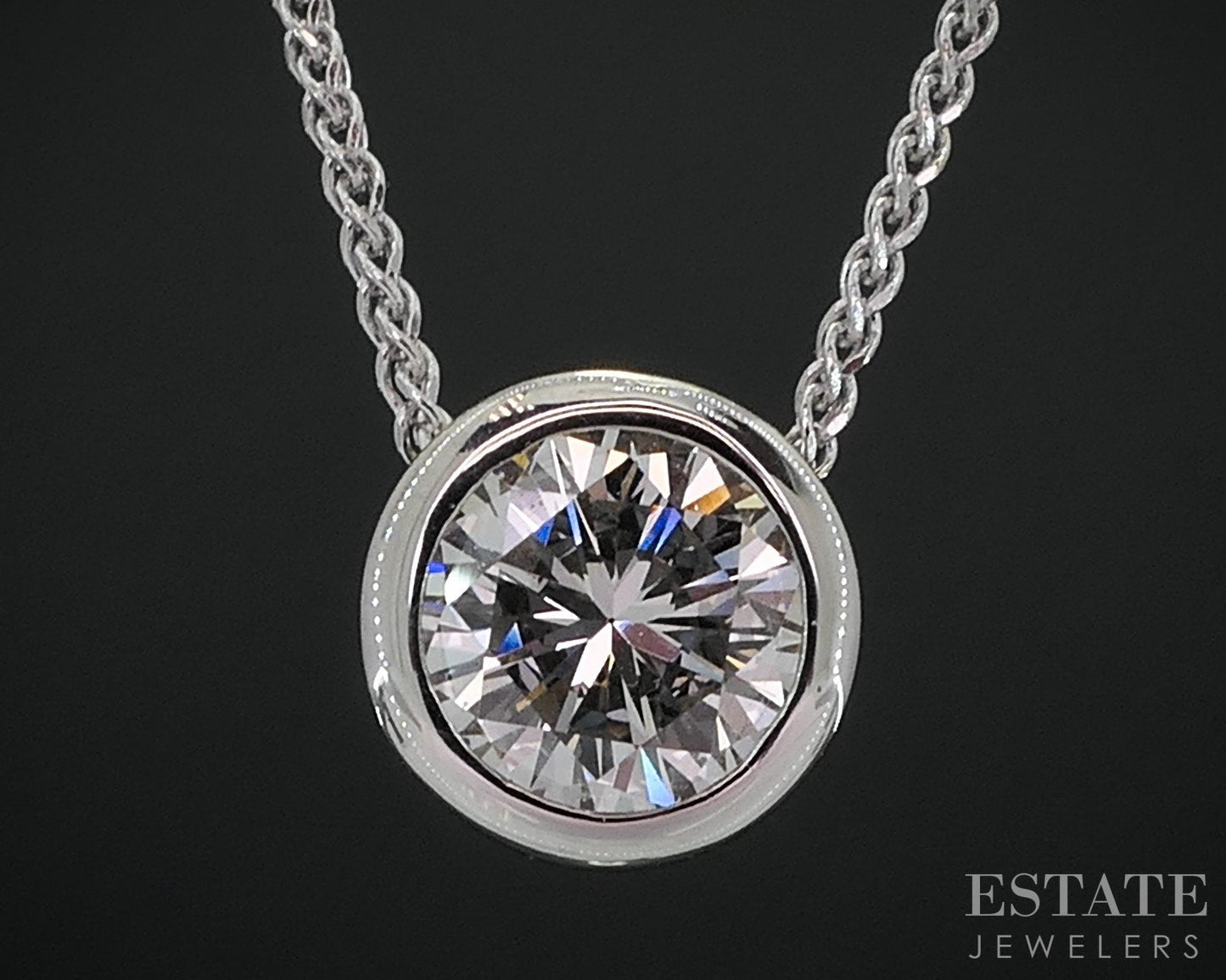 14k White Gold Round Natural .51ct Diamond Bezel Solitaire Necklace 2.6g i18579