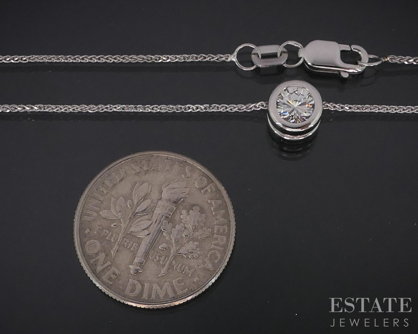 14k White Gold Round Natural .31ct Diamond Bezel Solitaire Necklace 2.5g i18581