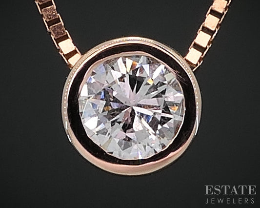 14k Rose Gold Round Natural .38ct Diamond Bezel Solitaire Necklace 3.2g i18580