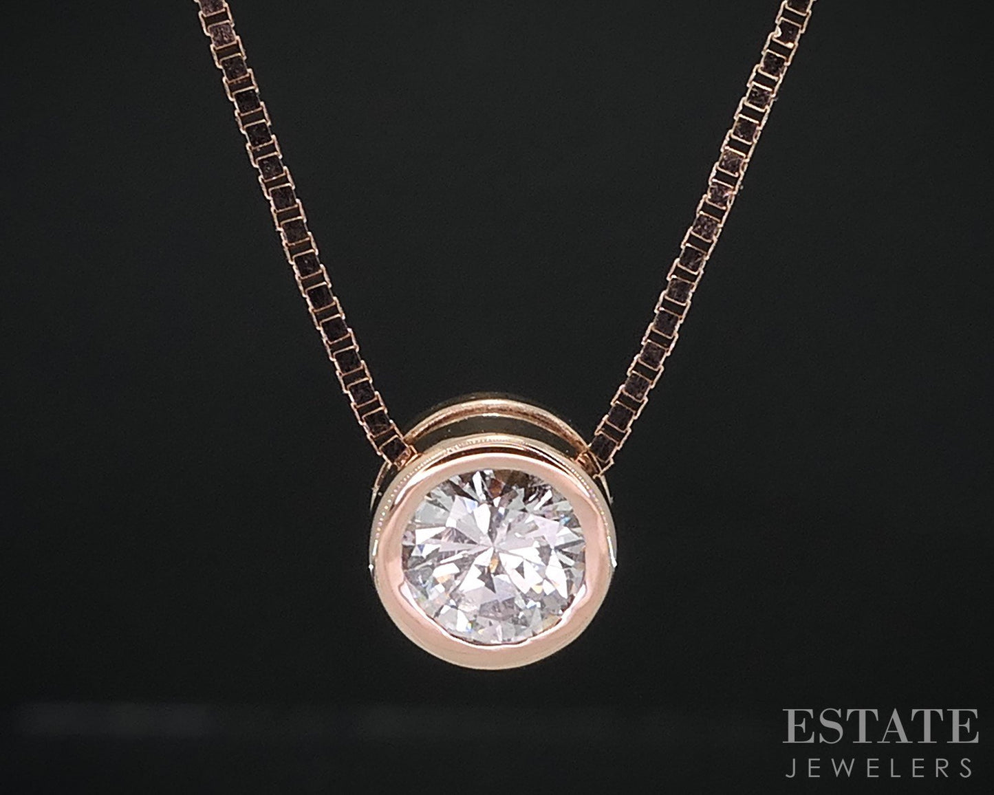 14k Rose Gold Round Natural .38ct Diamond Bezel Solitaire Necklace 3.2g i18580