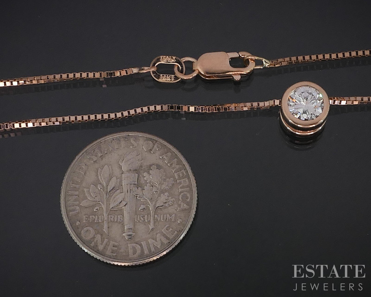 14k Rose Gold Round Natural .38ct Diamond Bezel Solitaire Necklace 3.2g i18580
