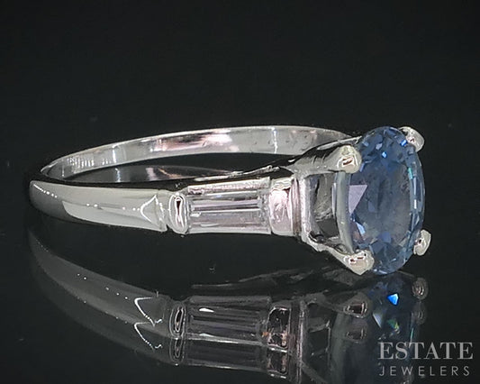 Vintage Platinum Oval Natural Blue Sapphire & Diamond Engagement Ring i18584