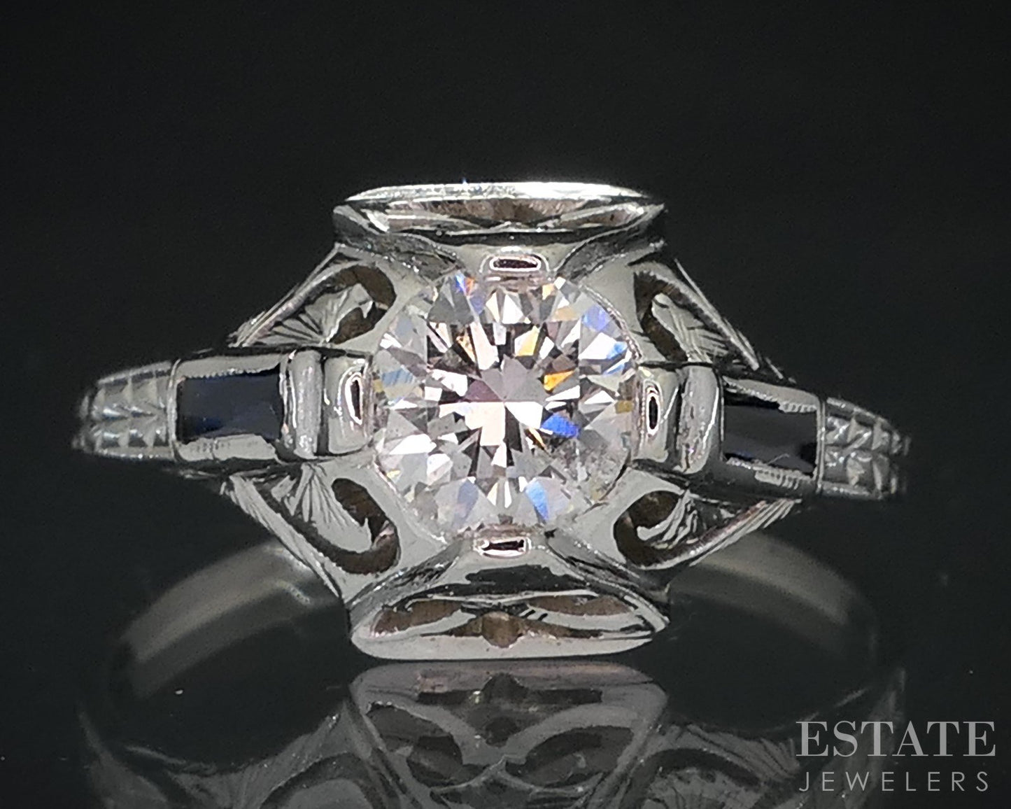 Antique Art Deco 18k White Gold .48ct Diamond Sapphire Filigree Ring 2.9g i18587