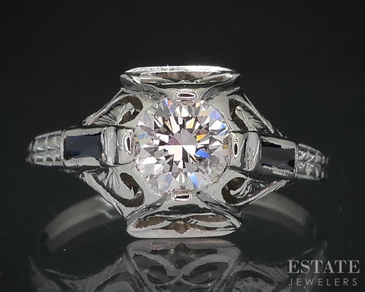 Antique Art Deco 18k White Gold .48ct Diamond Sapphire Filigree Ring 2.9g i18587