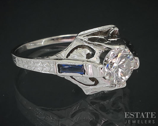 Antique Art Deco 18k White Gold .48ct Diamond Sapphire Filigree Ring 2.9g i18587