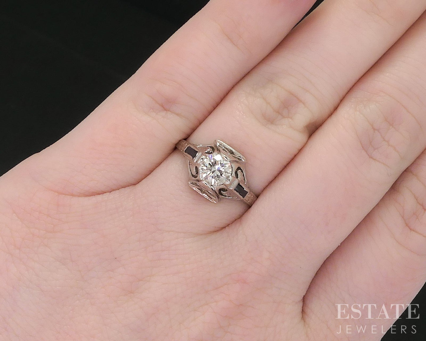 Antique Art Deco 18k White Gold .48ct Diamond Sapphire Filigree Ring 2.9g i18587