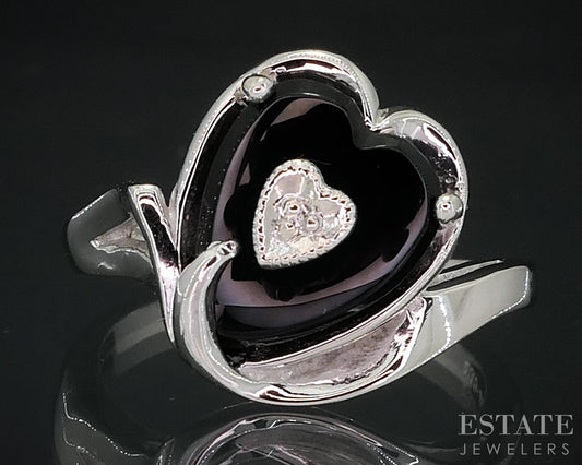 Vintage 10k White Gold Heart Natural Black Onyx & Diamond Ring 3.6g i18607b
