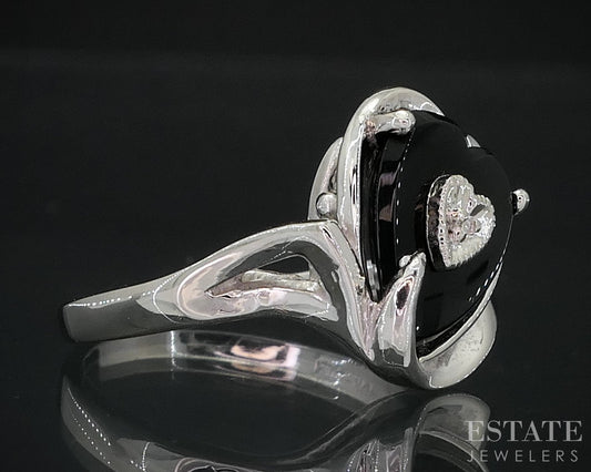 Vintage 10k White Gold Heart Natural Black Onyx & Diamond Ring 3.6g i18607b