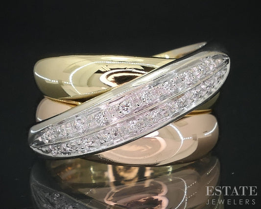 18k Tri Colored Gold Natural .10ctw Diamond Crossover Band Ring 9.7g i18595b
