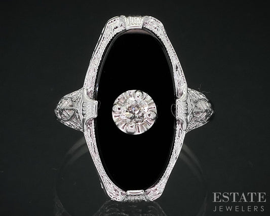 Antique 14k White Gold Natural Black Onyx & Diamond Filigree Ring 3.1g i18592b