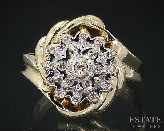 Vintage 10k Yellow Gold Natural .18ctw Diamond Cluster Bypass Ring 4.9g i18591b