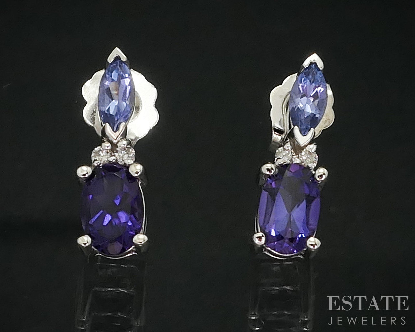 14k White Gold Natural Amethyst Tanzanite & Diamond Stud Earrings 1.8g i18196