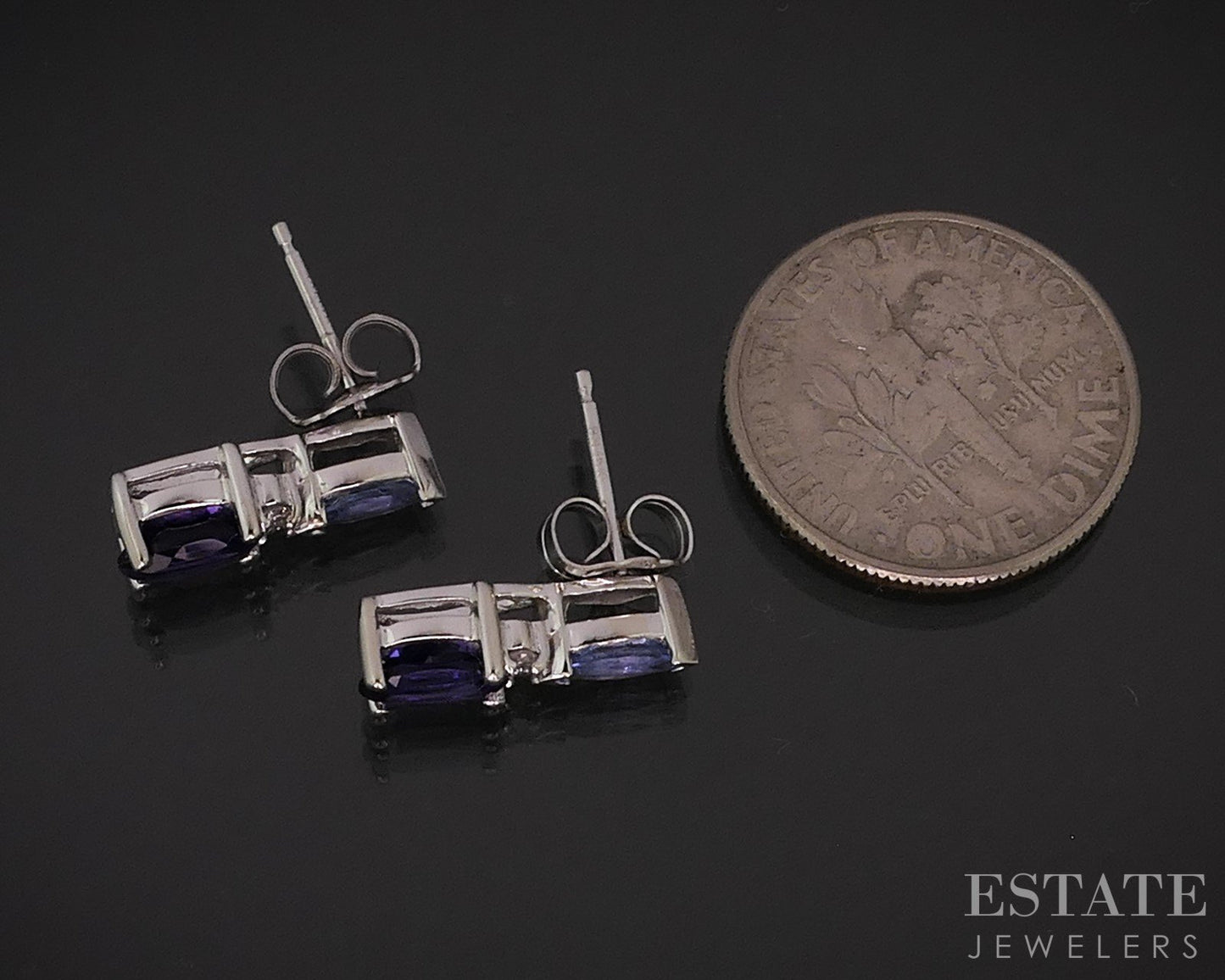 14k White Gold Natural Amethyst Tanzanite & Diamond Stud Earrings 1.8g i18196