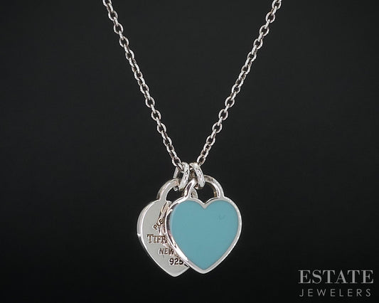 Sterling Tiffany & Co. Double Blue Mini Heart Tag Necklace 2.6g 16"L i18568