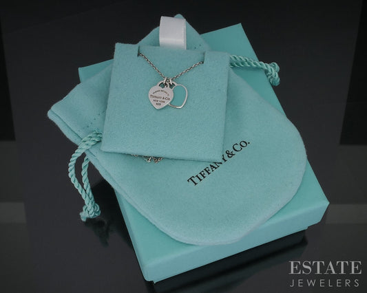 Sterling Tiffany & Co. Double Blue Mini Heart Tag Necklace 2.6g 16"L i18568