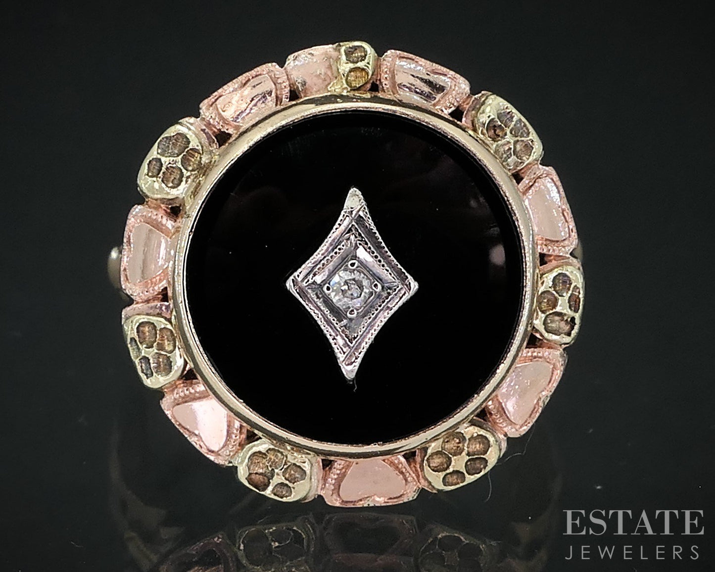 Antique Victorian 10k Tri Colored Gold Black Onyx & Diamond Ring 4.1g i18649