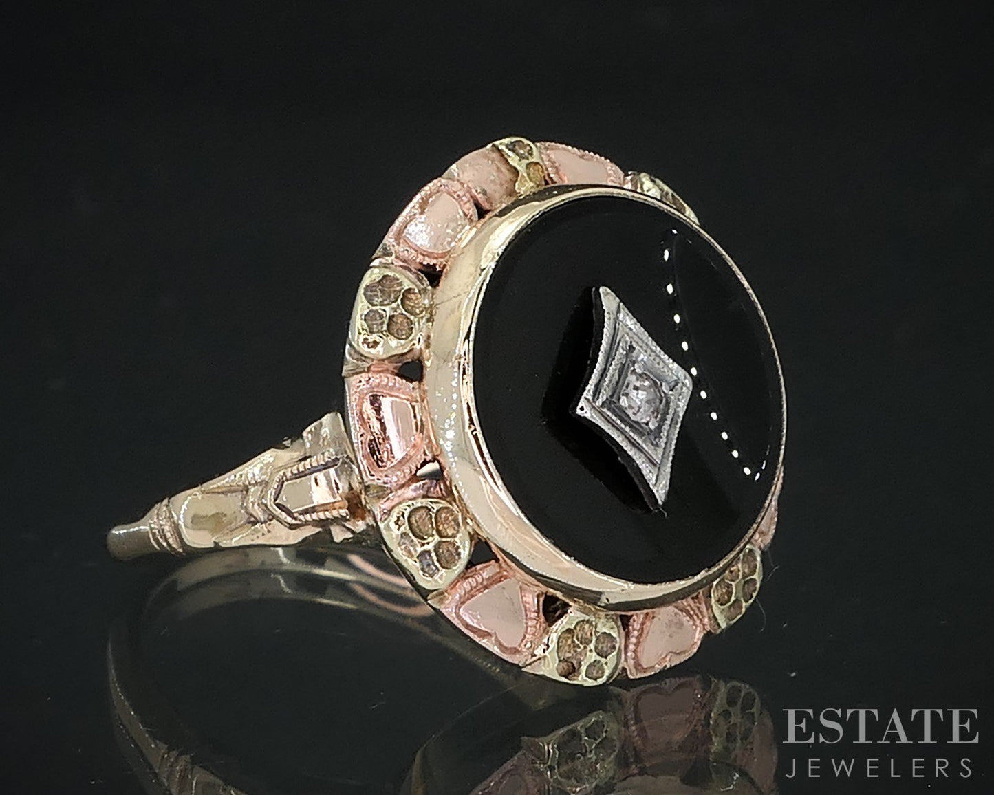 Antique Victorian 10k Tri Colored Gold Black Onyx & Diamond Ring 4.1g i18649