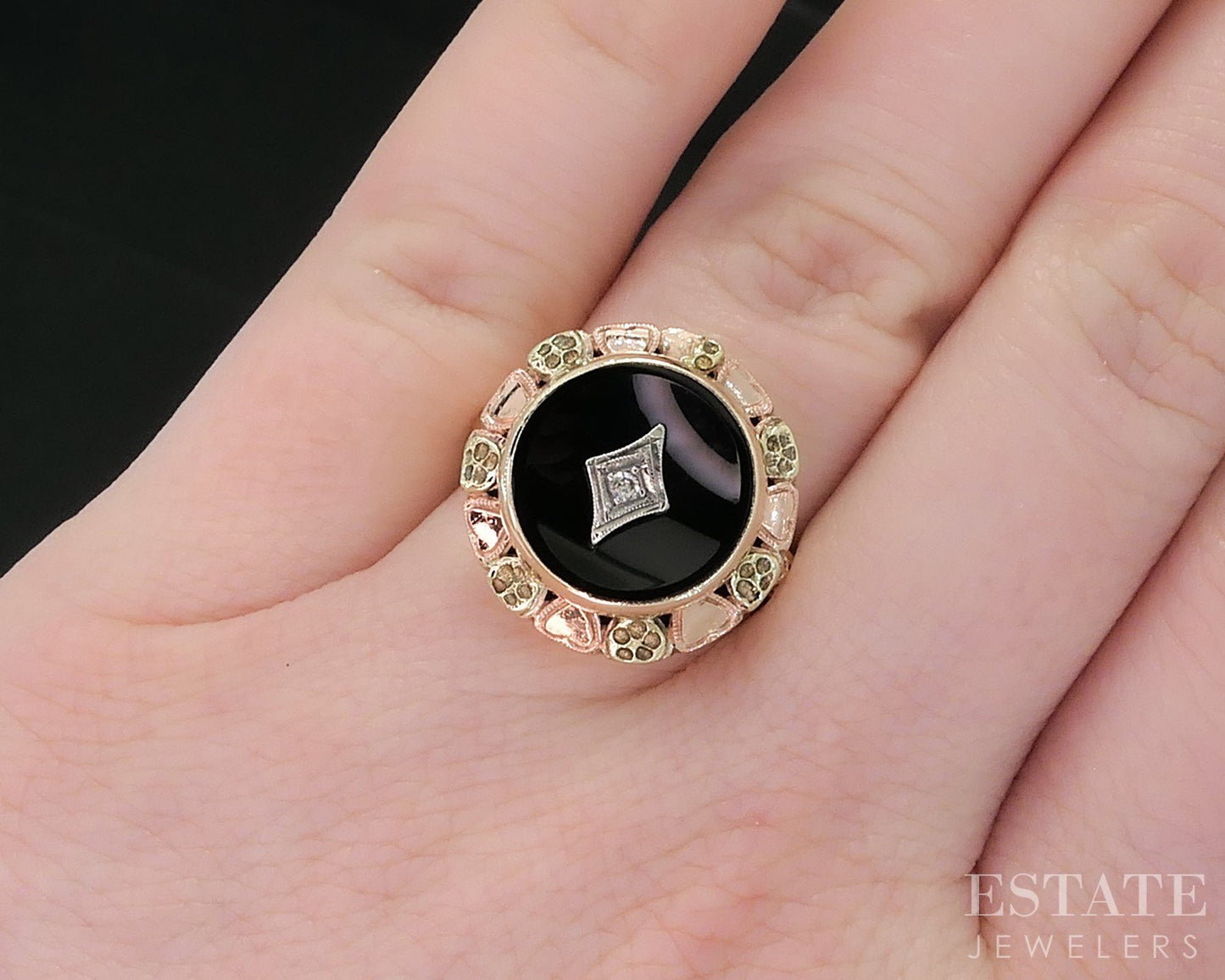 Antique Victorian 10k Tri Colored Gold Black Onyx & Diamond Ring 4.1g i18649