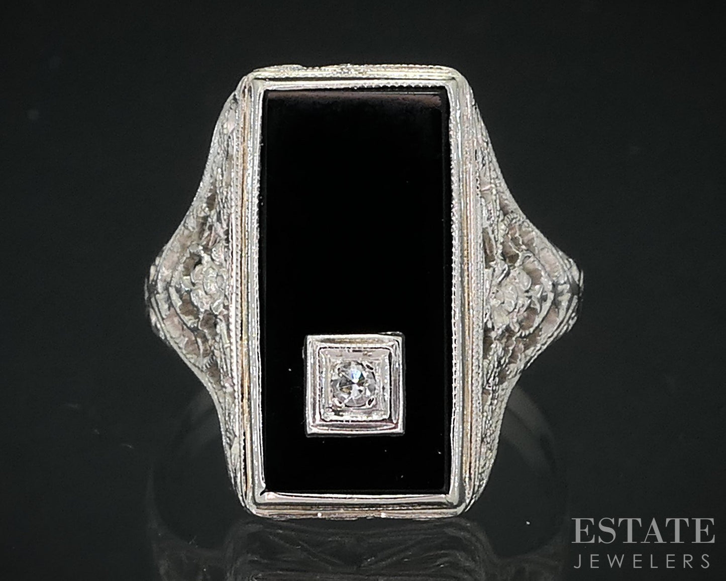 Antique 14k White Gold Natural Black Onyx & Diamond Filigree Ring 2.5g i18650