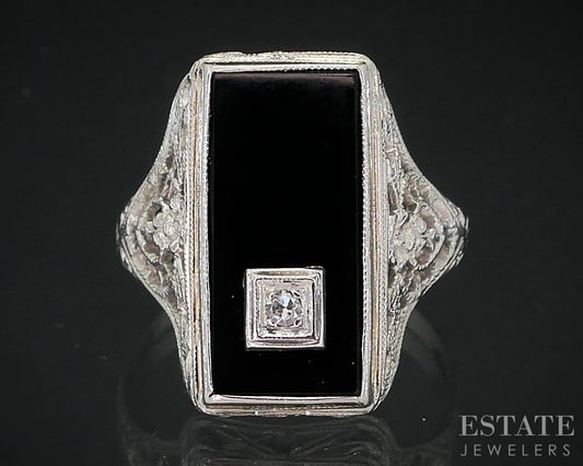 Antique 14k White Gold Natural Black Onyx & Diamond Filigree Ring 2.5g i18650