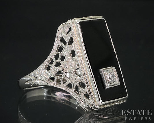 Antique 14k White Gold Natural Black Onyx & Diamond Filigree Ring 2.5g i18650