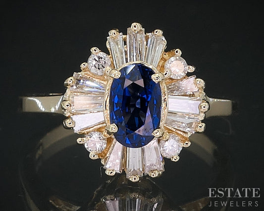 14k Yellow Gold Natural Blue Sapphire & Diamond Halo Ladies Ring 3.1g i18644