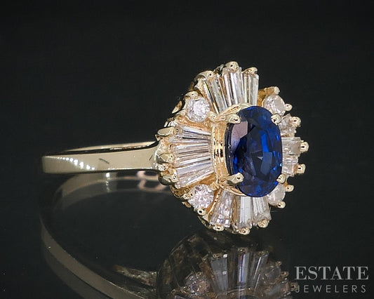 14k Yellow Gold Natural Blue Sapphire & Diamond Halo Ladies Ring 3.1g i18644