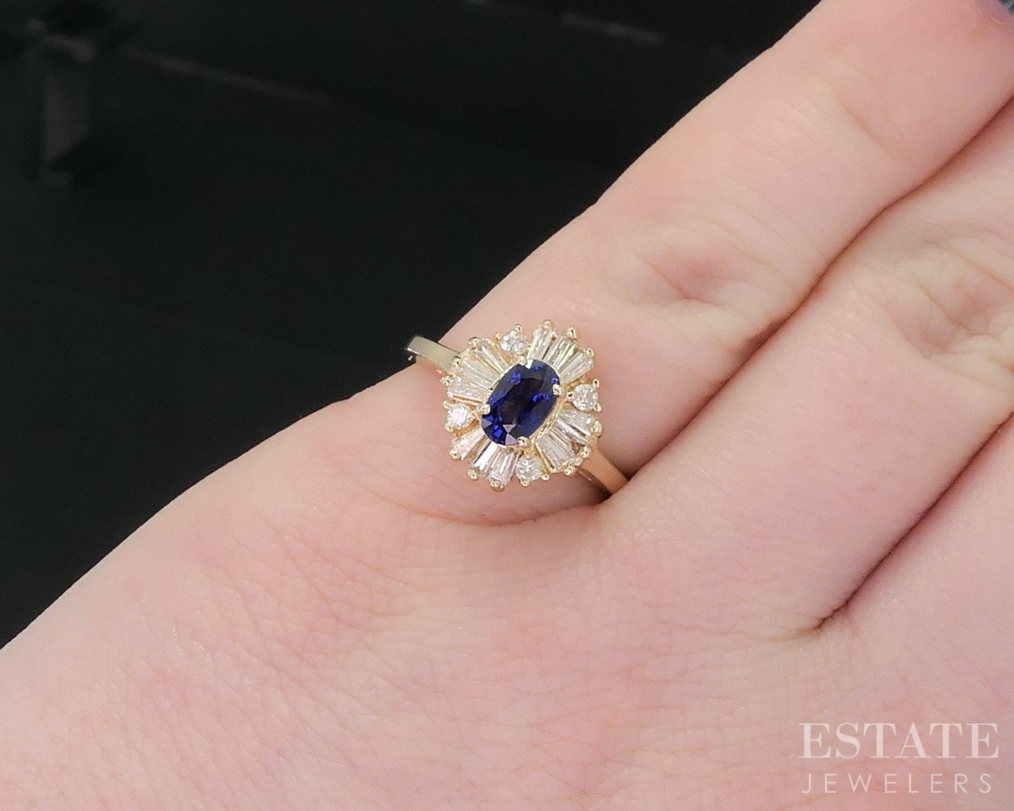 14k Yellow Gold Natural Blue Sapphire & Diamond Halo Ladies Ring 3.1g i18644